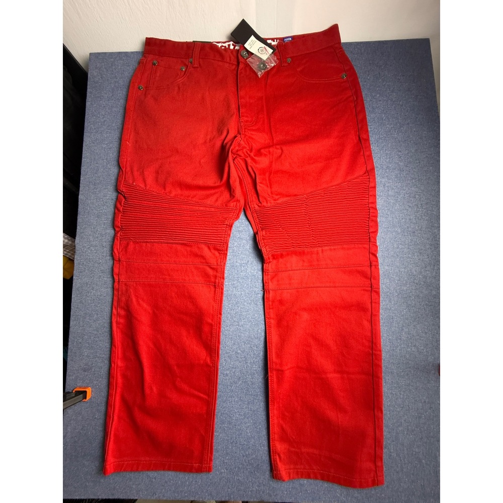 Noiz Jeans Mens Red Moto Ribbed Knee Premium Denim Pants DP842 Size 40x32 NWT